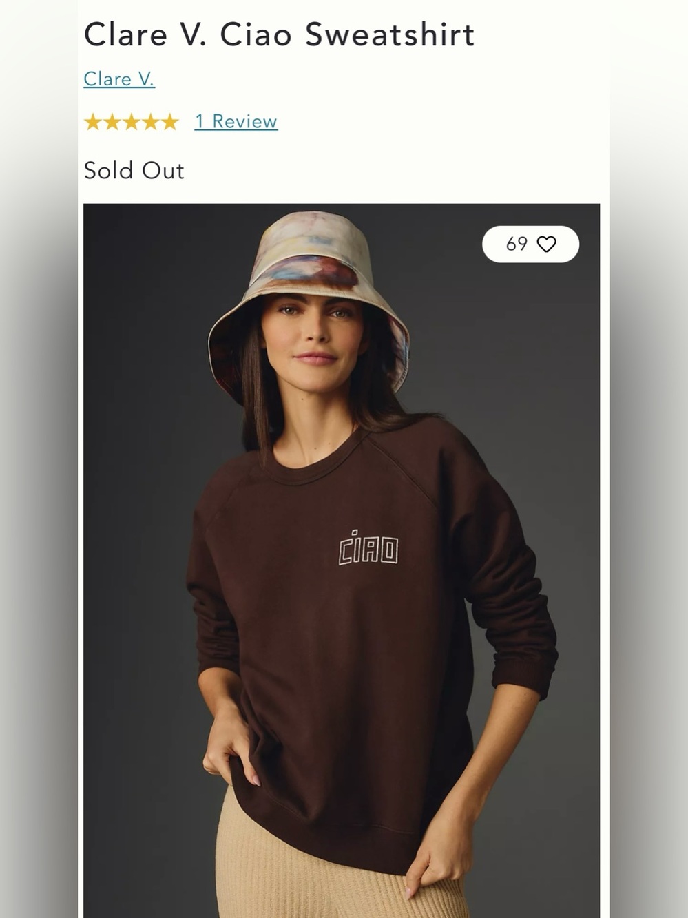 Clare V Ciao sweatshirt in brown, S